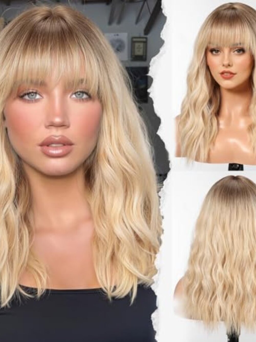 Long Wig with‎ Bangs Synthetic Wavy Wigs for Women Blonde with Highlights Color